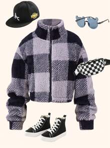 Áo khoác cổ đứng kẻ caro đen trắng cho thanh thiếu niên, Thu/Đông - Nhiều màu - Xem 1