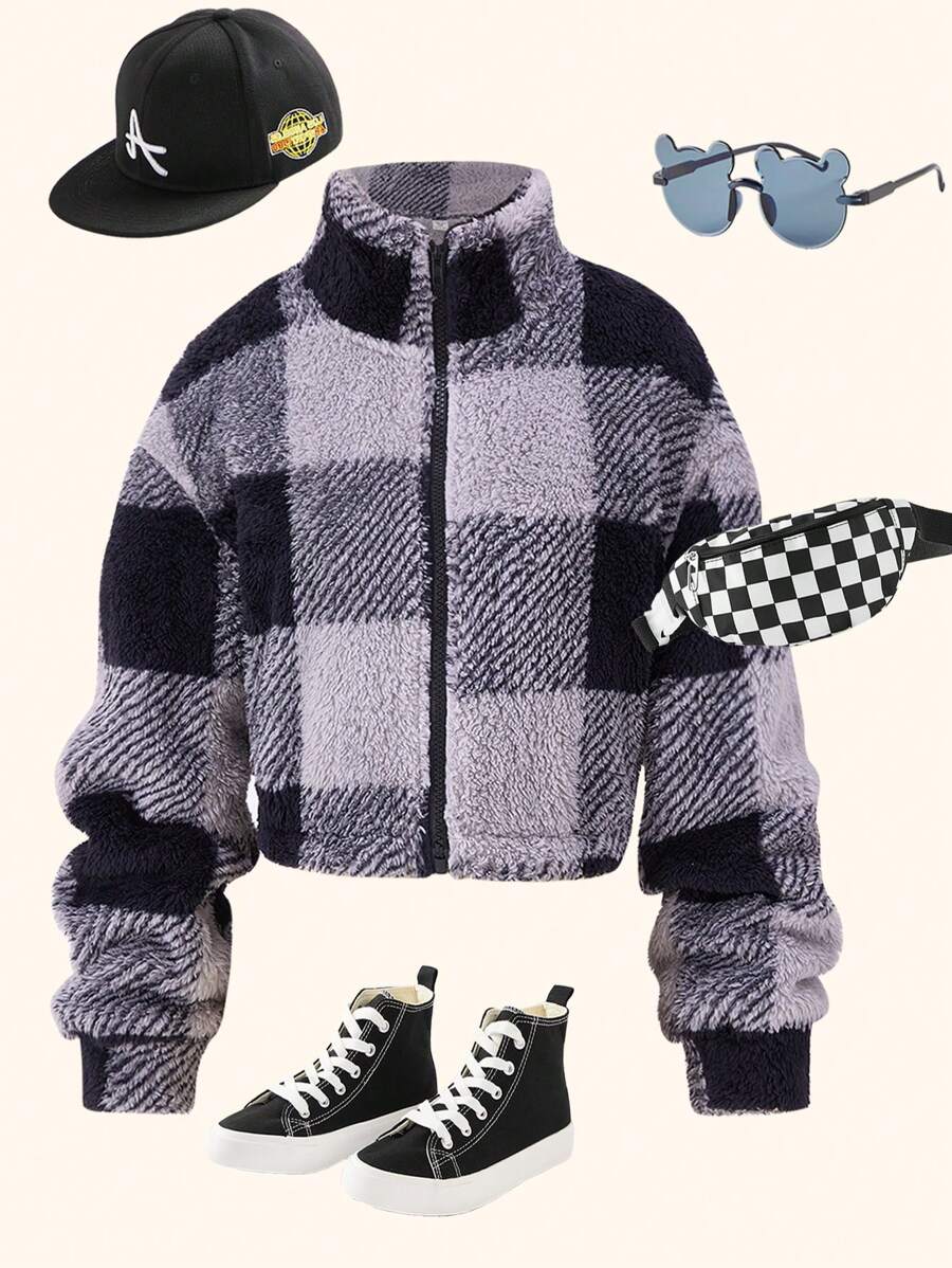 Áo khoác cổ đứng kẻ caro đen trắng cho thanh thiếu niên, Thu/Đông - Nhiều màu - Xem 1