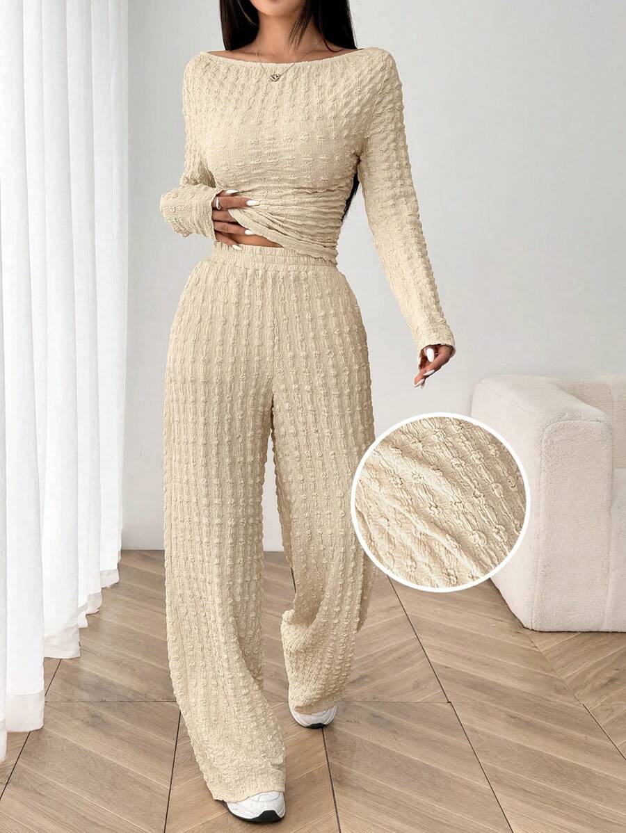 SHEIN EZwear 卡其色针织露肩上衣和裤子 - 卡其色 - 查看 1
