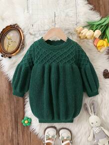 SHEIN Baby Girl Cute Solid Color Lantern Sleeve Sweater Dress, Crew Neck, Autumn/Winter