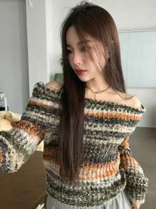 DAZY Áo len hở vai màu ombre thiết kế rộng rãi cho nữ, Áo len trễ vai, Quần áo mùa thu - Nhiều màu - Xem 5