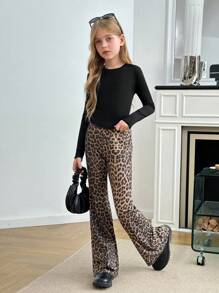 SHEIN Leap Crew Bộ 2 quần ống loe in họa tiết da báo đơn giản thoải mái cho bé gái tuổi teen và áo phông cổ tròn - màu đen - Xem 4