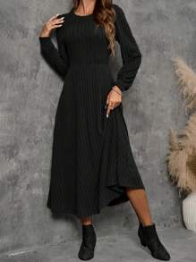 EMERY ROSE 女士秋季纯色圆领泡泡袖罗纹休闲连衣裙 - 黑色 - 查看 5