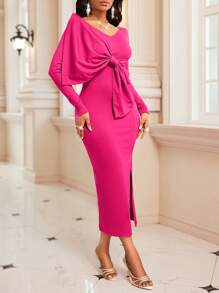 SHEIN Lady 春夏优雅女装演唱会/音乐节婚礼休闲郊游酒会玫红色针织圆领大蝴蝶结新款修身长袖女装连衣裙女士轻便连衣裙秋装冬季女装 - 玫紅色 - 查看 5