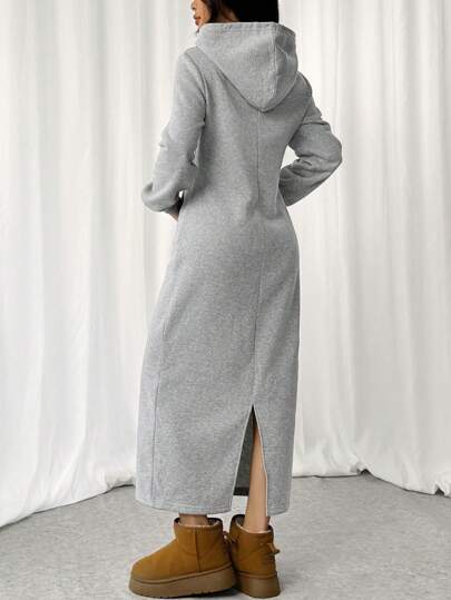 SHEIN EZwear Women's Solid Color Drawstring Long Sleeve Hooded Pocket Maxi Casual Sweatshirt Dress, Autumn Winter