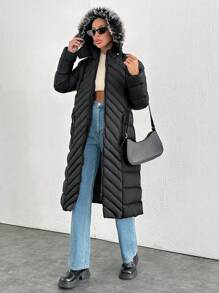 EURMUSE Fur And Zipper Added Padded Long Padded Winter Coat - Black - View 3