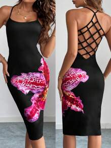 SHEIN Privé Damen schwarzes midi Kleid mit Spaghettiträgern, offenem Rücken, Kreuz-Rückendetails, figurbetonter Passform und elegantem Blumenmuster