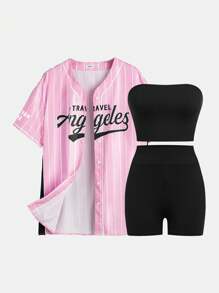 SHEIN Girlism Ensemble casual 3 pièces pour adolescente : chemise à rayures tissée imprimée, Top et shorts