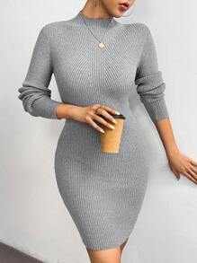 Chiquease Casual Minimalist Solid Color Ribbed Knit Fitted Sweater Dress, Autumn/Winter - Grey - View 3