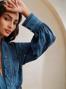 Anewsta Women's Elegant Material Patchwork Sheer Jacquard Collar Blouse Women Shirt,Long Sleeve Tops - Navy Blue - View 8