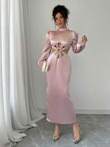 Rafferiza 女士优雅立领露背蝴蝶结花朵镂空灯笼袖连衣裙 - 粉色 - 查看 3