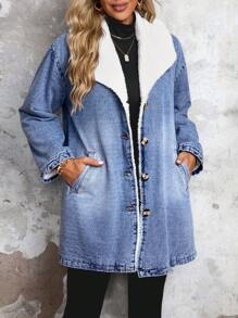 SHEIN LUNE 女士休闲保暖牛仔夹克，秋冬季加厚牛仔布 - 藍色 - 查看 3