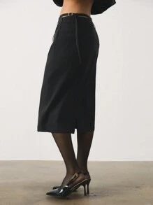 SHEIN Unity Saia feminina de cintura baixa e cor sólida, adequada para deslocamento diário - Preto - Ver 6