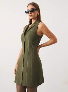 SHEIN Unity Vestido mini para mujer, estilo de negocios casual, atuendos de oficina tipo sirena, mismo estilo que los influencers de "Old Money", con decoración de rhinestones - Verde militar - Ver 6