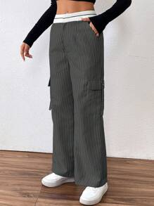 Flirla Women Striped Print Casual Straight Leg Pants With Pockets