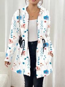 SHEIN LUNE Women Floral Print Drawstring Zip Up Hoodie Jacket, Casual - Multicolor - View 4