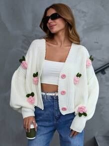EURMUSE Casual Drop Shoulder Balloon Sleeve V Neck 3 Dimension Floral Pattern Detailed Cardigan - White - View 4
