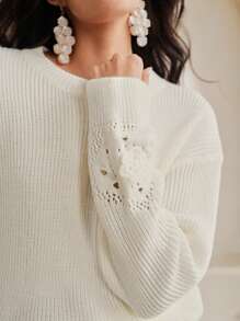 Anewsta Women Crochet Lace Drop Shoulder Loose Solid Color Sweater