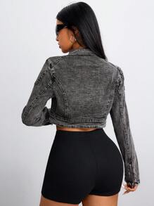 Jeanoix Women Front Zipper Long Sleeve Short Casual Denim Jacket - Black - View 2