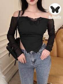 SHEIN LUNE 极简主义露肩蝴蝶贴花不对称下摆 T 恤，适合通勤 - 黑色 - 查看 6