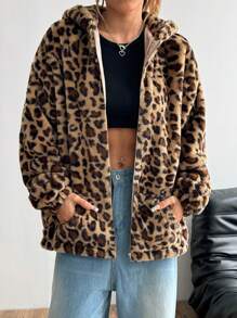 SHEIN Unity Women's Autumn/Winter Fashion Leopard Print Fleece Hoodie - Khaki - View 6