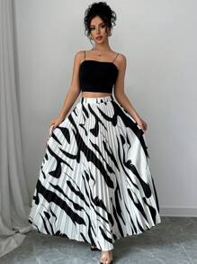 Firerie Women's Elegant Pleated Long Skirt, Suitable For Commuting Brunch Picnic Black And White Autumn - Black and White - View 3