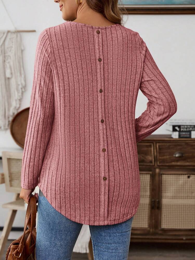 Women's Casual Solid Color Button Back Curved Hem T-Shirt Women Long Sleeve Tops Grey Tops For Women Gray Blouse Women Solid Color T Shirt Tops Women Women Women's Fall Clothes