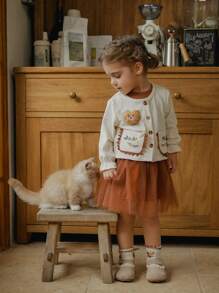 SHEIN 2 件装女婴花朵印花泰迪开衫和薄纱连衣裙套装，春秋 - 彩色 - 查看 6