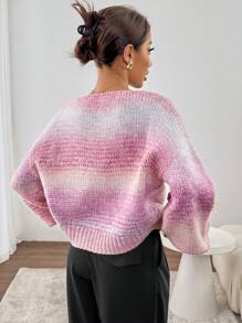Chiquease Sweter damski z dekoltem w serek ombre, długimi rękawami i opadającymi ramionami, luźny, na jesień/zimę, dzianinowy - Różowy - Zobacz 2