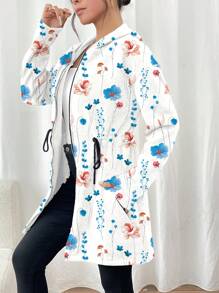 SHEIN LUNE Women Floral Print Drawstring Zip Up Hoodie Jacket, Casual - Multicolor - View 3