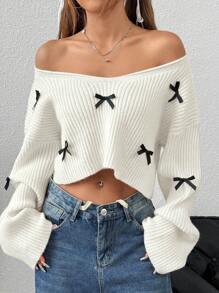 Flirla 1pc Women Loose V-Neck Casual 3D Bow Knit Sweater,Three Quarter Sleeve Tops