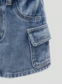 SHEIN 女宝宝中长款洗水牛仔休闲裙 - 中等水洗藍 - 查看 4