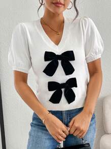 Chiquease Women V-Neck Short Sleeve Oversized Bow Knit Top, Autumn - White - View 3