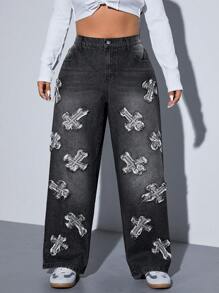 SHEIN ICON 女式大码黑色水洗刺绣牛仔裤，四季皆宜 - 黑色 - 查看 6