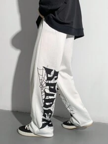 SHEIN 青少年男孩休闲摇滚朋克街头嘻哈蜘蛛网和英文图案印花宽松白色运动裤，适合秋冬季、情人节、万圣节