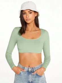 SHEIN BASICS 女士休闲纯色短款修身上衣 - 綠色 - 查看 1