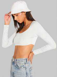 SHEIN BASICS Women Solid Color Round Neck Long Sleeve Cropped Fitted T-Shirt - White - View 4