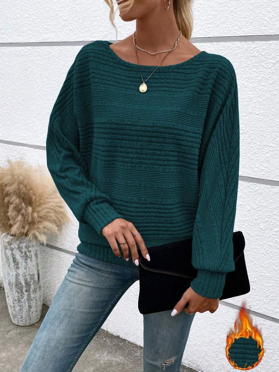 EMERY ROSE Women's Casual Dark Green Knitted Pullover With Batwing Long Sleeves And Boat Neck Rib Knit Regular Length Top - Dark Green - View 1