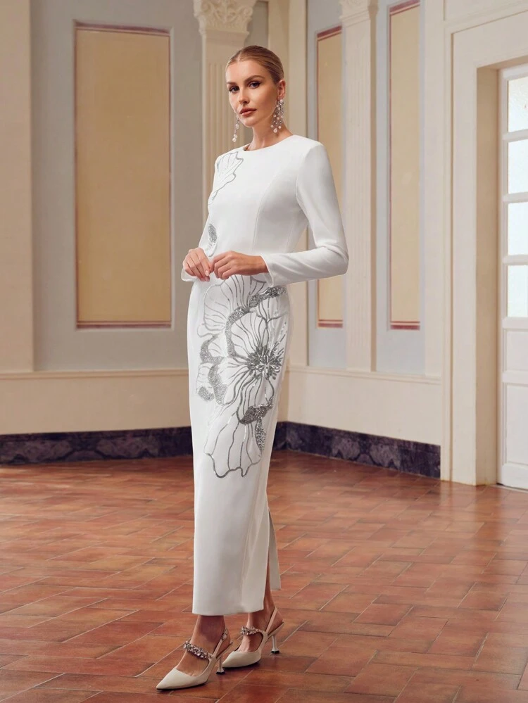 ZEYLAH SEQUIN FLORAL PATTERN SLIM FIT LONG DRESS WITHOUT BELT