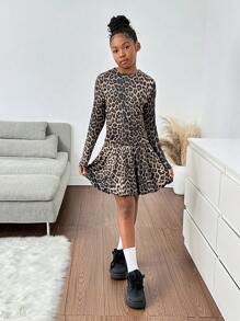 SHEIN Tween Girls Casual Crew Neck Leopard Print Long Sleeve Dress