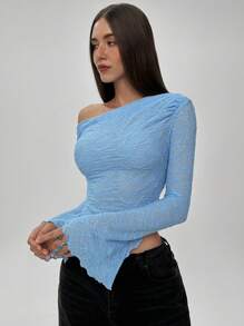 Aloruh 女式休闲优雅纯蓝色不对称下摆纹理修身长袖衬衫