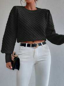 Chiquease 休闲日常纯色宽松针织套头毛衣，秋冬针织套头衫 - 黑色 - 查看 3