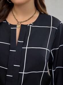 SHEIN LUNE 秋季假日大码休闲格子灯笼袖衬衫 - 黑與白 - 查看 3