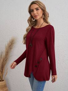 EMERY ROSE 女士休闲纽扣装饰不对称下摆长袖 T 恤，秋季 - 酒紅色 - 查看 3