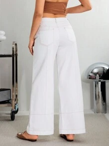 SHEIN Essnce 女式休闲撞色明线阔腿牛仔裤 - 白色 - 查看 2