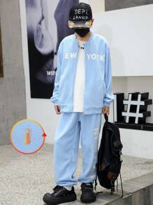 2 件套青少年男孩字母印花拉链连帽衫，带口袋和羊毛裤 - 藍色 - 查看 3