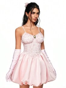 ROMWE Fairycore Váy hai dây thắt eo họa tiết hoa cổ điển dành cho nữ, dành cho năm mới - Hồng - Xem 3