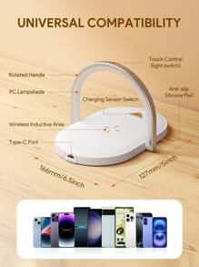 JMMO LED Bedside Lamp,3 In 1 Bedside Lamp With Wireless Charger,3 Color Modes Touch Control LED Night Light,Phone Holder For Kids,Adults,Home,Dorm And Office - White - View 7