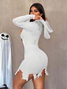 Zolique New Sexy Hollow Out Cut Fringe Hooded Pumpkin Teeth Pattern Orange Bodycon Sweater Dress For Halloween Fall Winter Cloth For Women