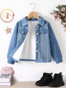 SHEIN Young Girl Letter & Figure Graphic Thermal Lined Jacket - Blue - View 2